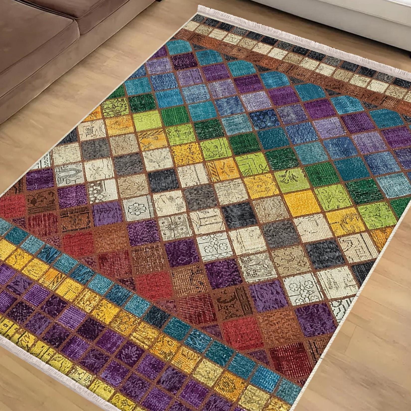 Colorful Retro Patchwork Design Kilim Area Rug Runner, Boho Accent Carpet, Unique Room Mat, Washable Anti-Slip Rug with pillow case gift