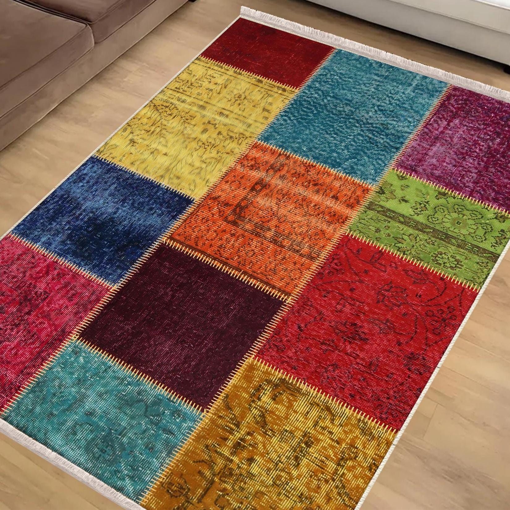Colorful Patchwork Design Kilim Area Rug Runner, Boho Accent Carpet, Unique Room Mat, Washable Anti-Slip Rug with pillow case gift