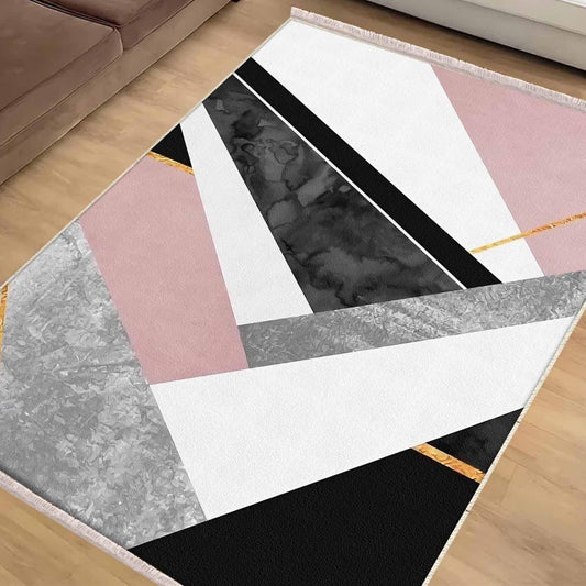 Pink Black Gray Geometric Design Area Rug Runner, Modern Accent Carpet, Unique Room Mat, Washable Anti-Slip Rug with pillow case gift