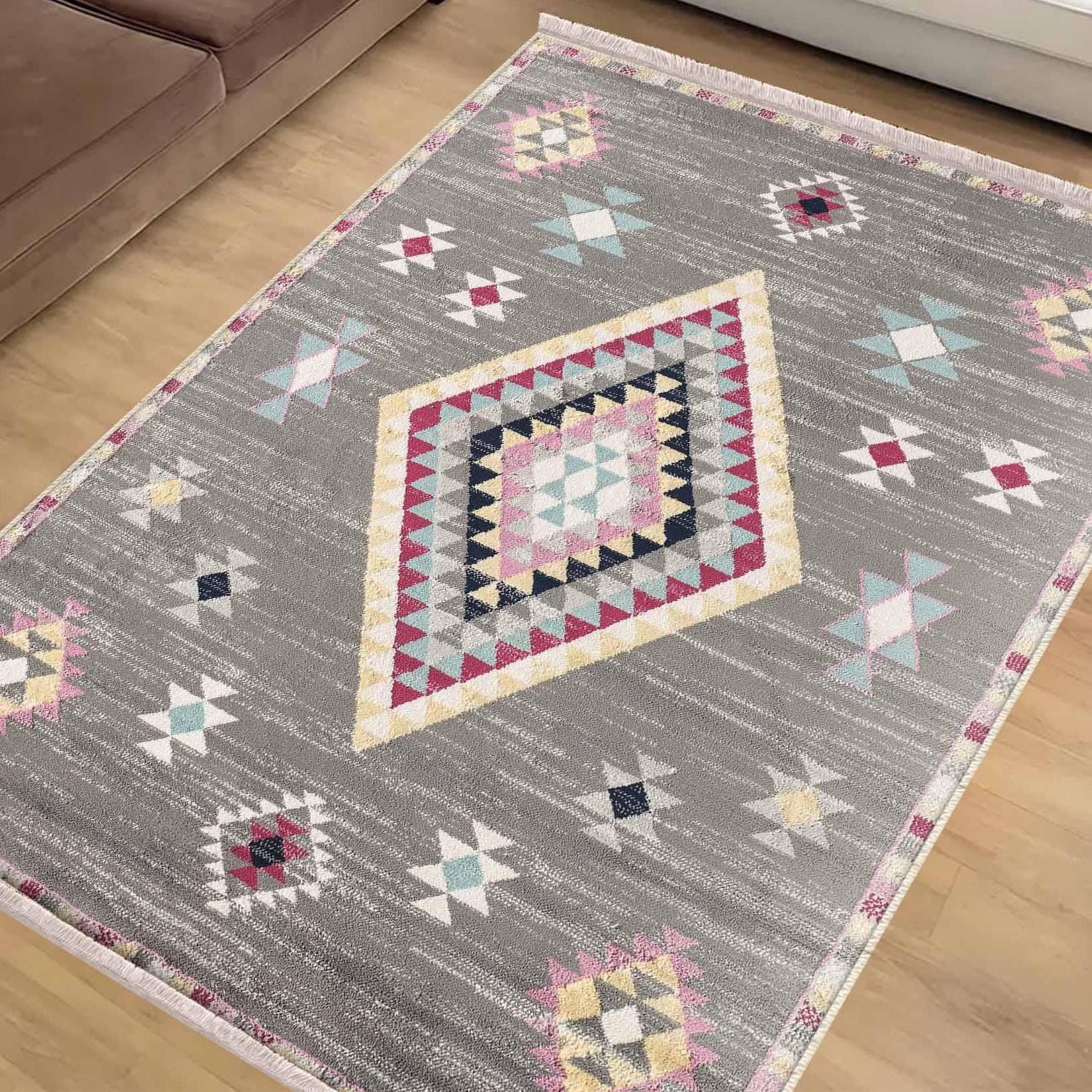 Gray Pink Aztec Modern Design Area Rug Runner, Geometric Accent Carpet, Unique Room Mat, Washable Anti-Slip Rug with pillow case gift