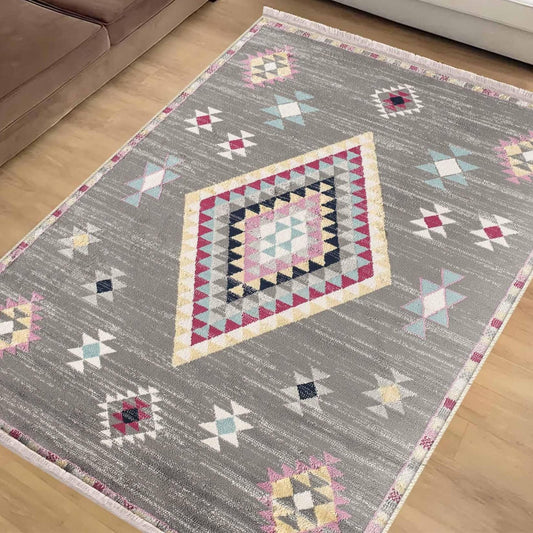 Gray Pink Aztec Modern Design Area Rug Runner, Geometric Accent Carpet, Unique Room Mat, Washable Anti-Slip Rug with pillow case gift