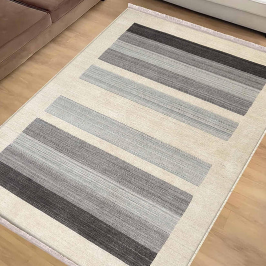 Cream Gray Lines Modern Design Area Rug Runner, Geometric Accent Carpet, Unique Room Mat, Washable Anti-Slip Rug with pillow case gift