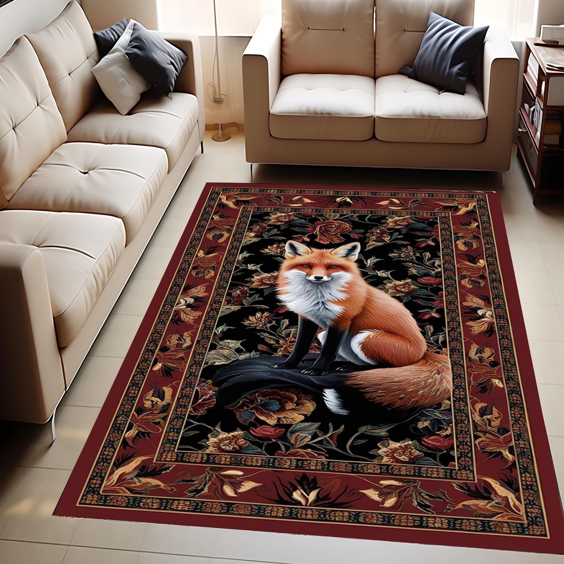 Fox Rug Floral Vintage Area Carpet - Orange Fox, Flowers Decorative Rug for Living Room, Bedroom, Washable Rug, Gift for Office Home Decor
