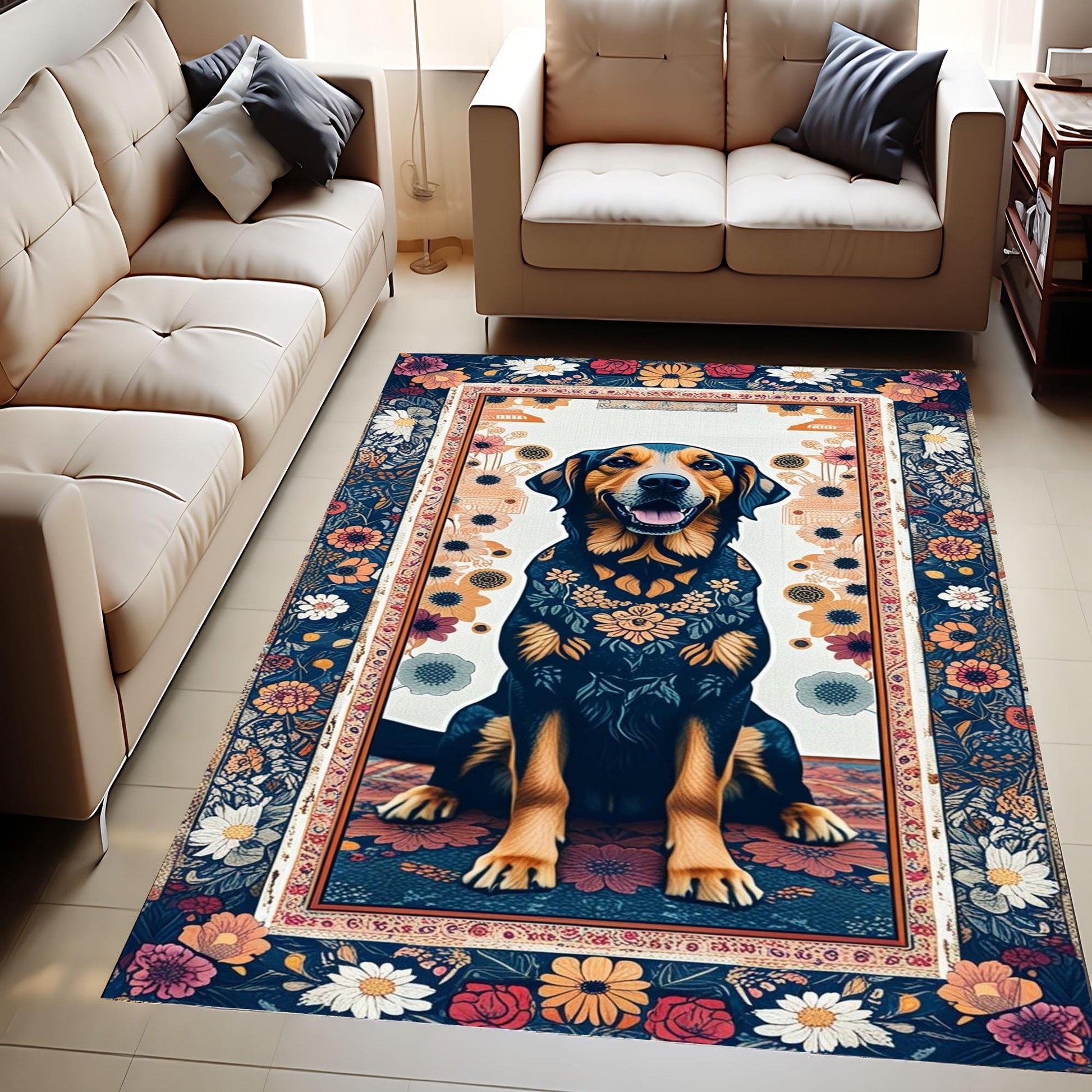 Vintage Dog Rug – Washable Floral Persian Carpet, Boho Puppy Lover Gift, Flower Pattern Pet Bed Area Rug, Dog Room Decor