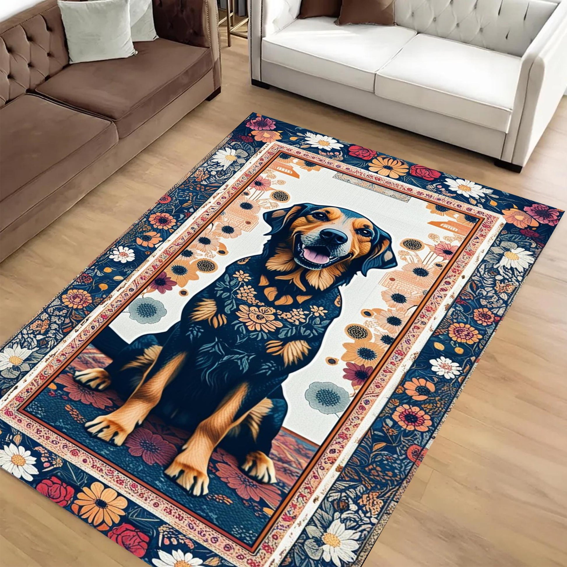 Vintage Dog Rug – Washable Floral Persian Carpet, Boho Puppy Lover Gift, Flower Pattern Pet Bed Area Rug, Dog Room Decor