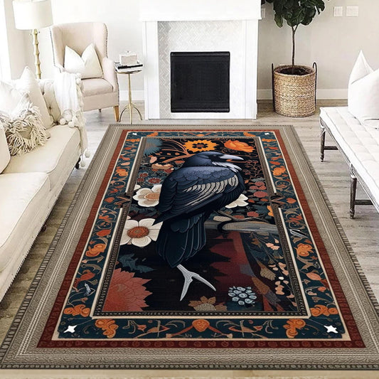 Gothic Raven Rug Dark Academia Orange Black Carpet Victorian Crow & Floral Witchcore Decor Area Rug Occult Aesthetic