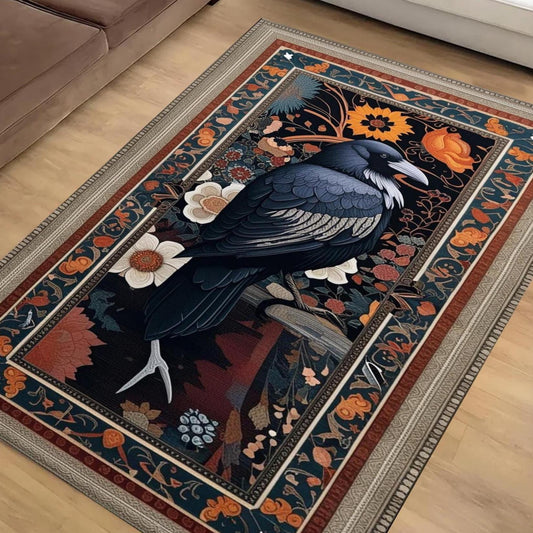 Gothic Raven Rug Dark Academia Orange Black Carpet Victorian Crow & Floral Witchcore Decor Area Rug Occult Aesthetic