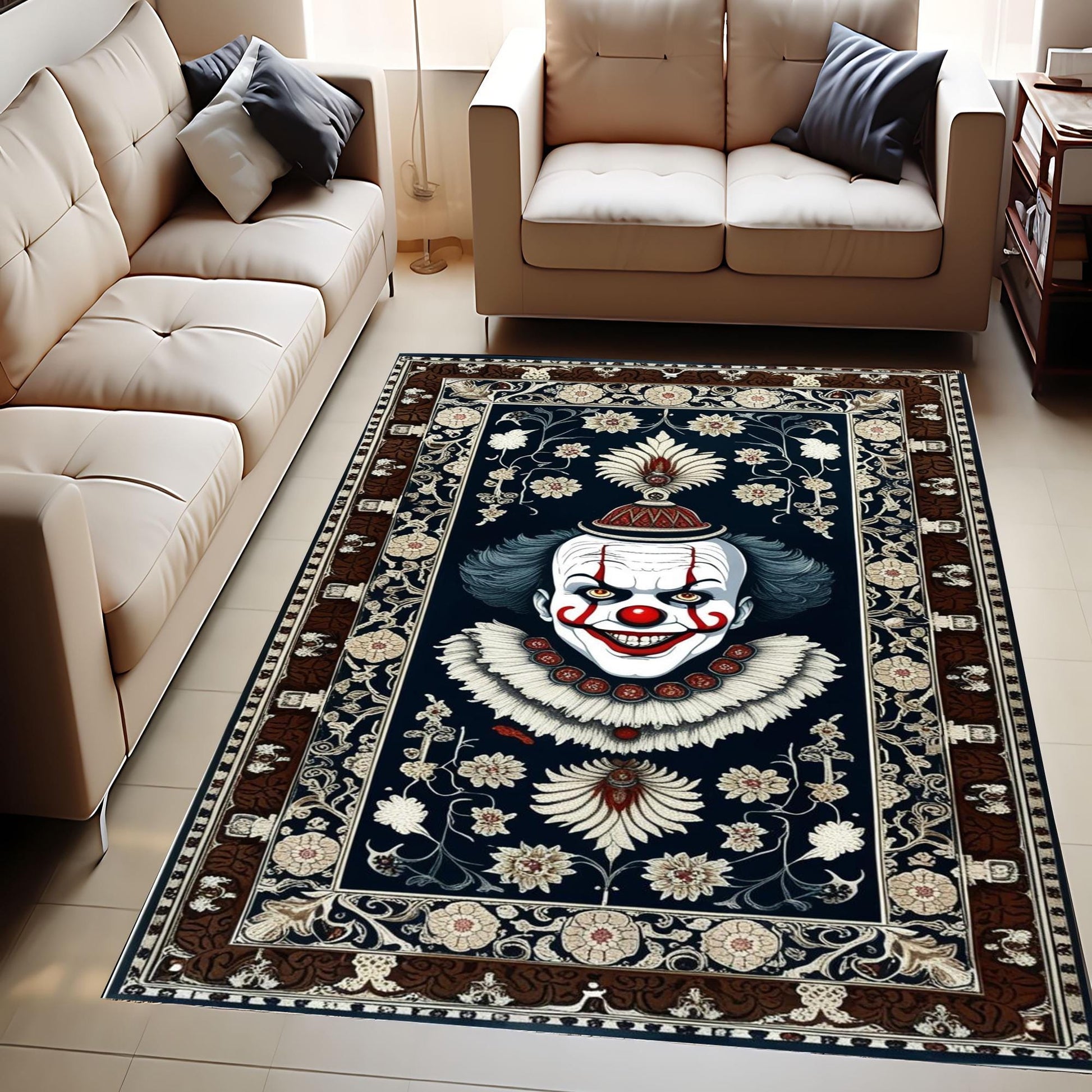 Scary Clown Rug for Gothic Decor, Horror Circus Clown Rug, Washable Non-Slip Gothic Rug, Home Gift Rug, Unique Horror Floor Mat