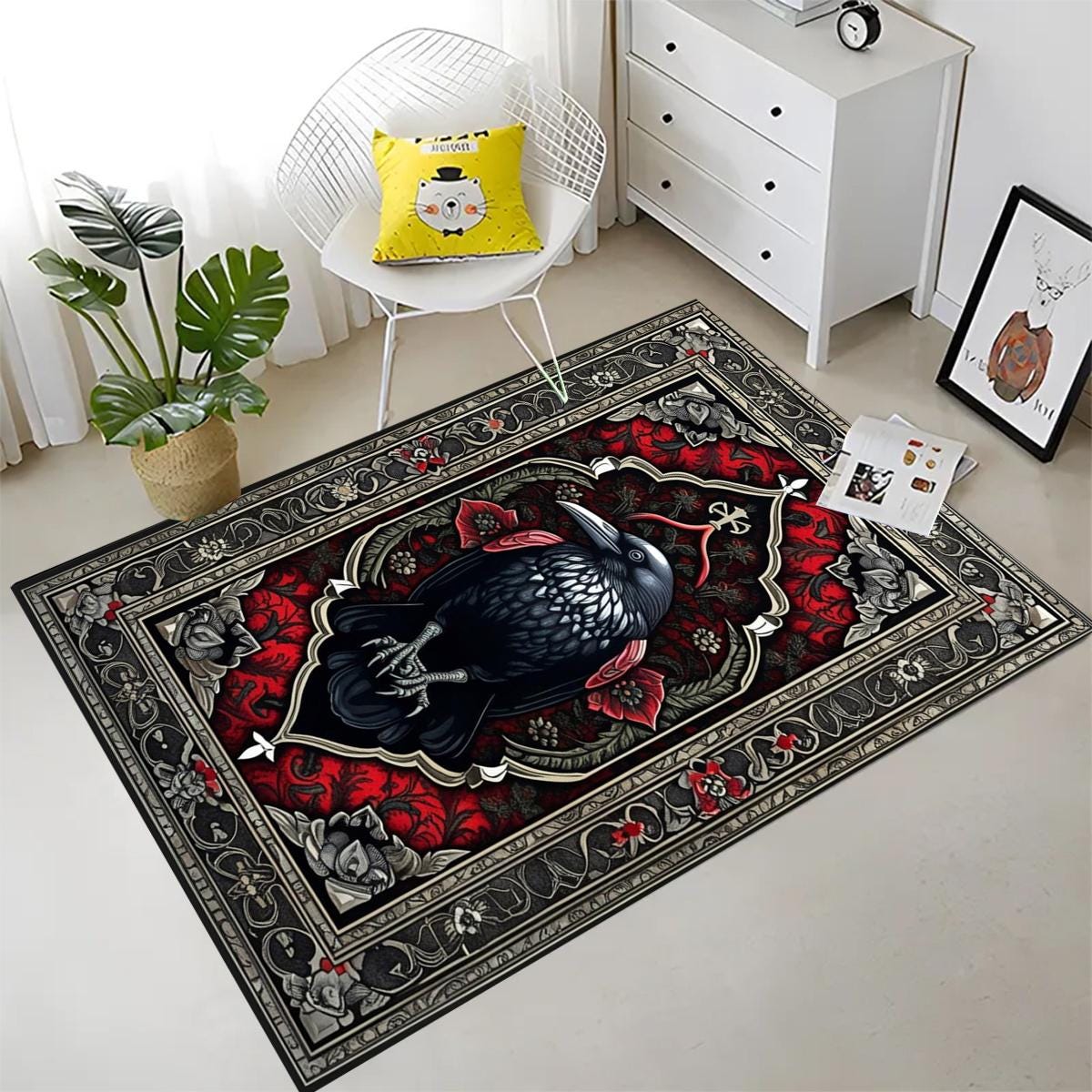 Raven Rug Dark Academia Boho Fairycore Decor | Satanic Gothic Crowcore Cottagecore Rug Witchy Aesthetic Carpet