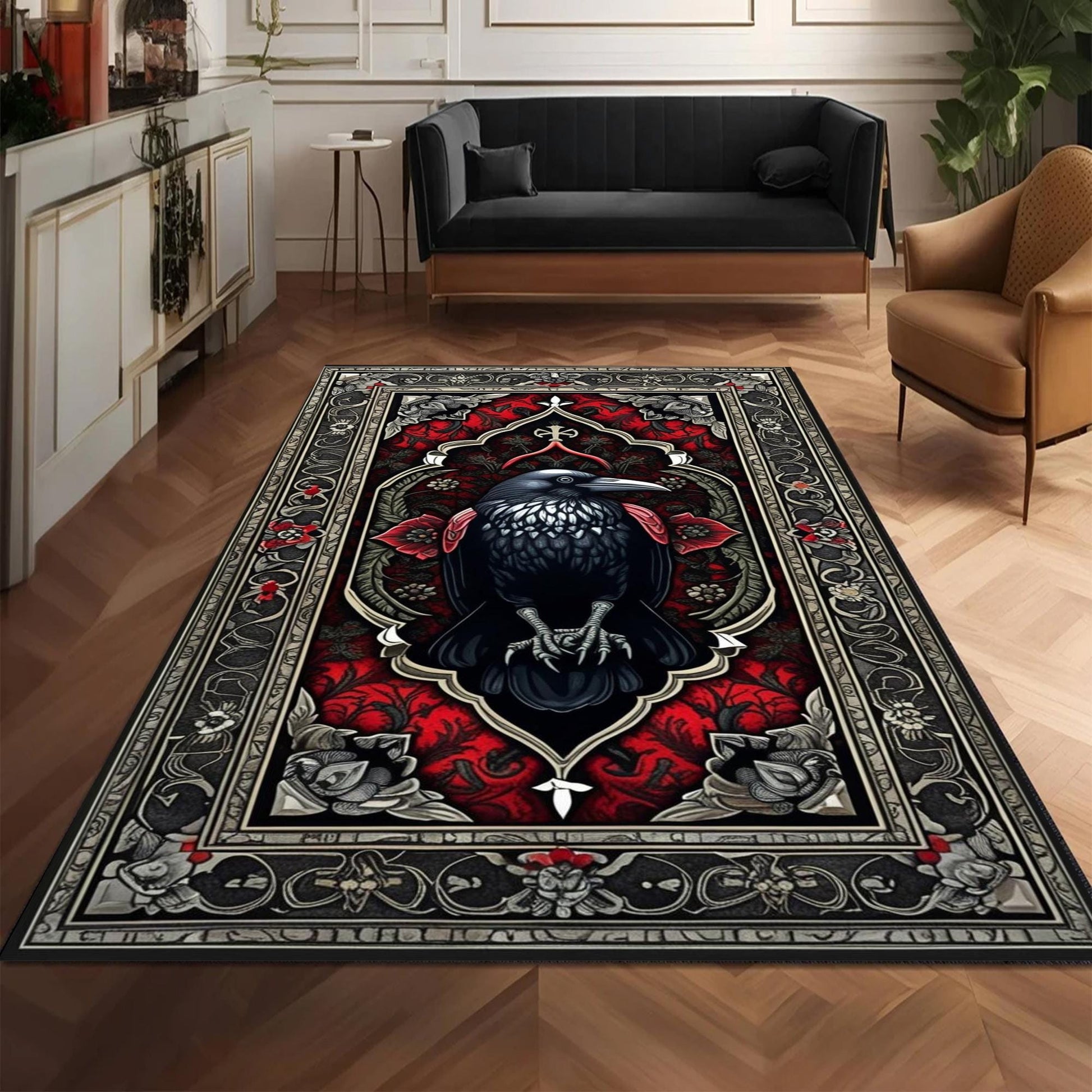 Raven Rug Dark Academia Boho Fairycore Decor | Satanic Gothic Crowcore Cottagecore Rug Witchy Aesthetic Carpet