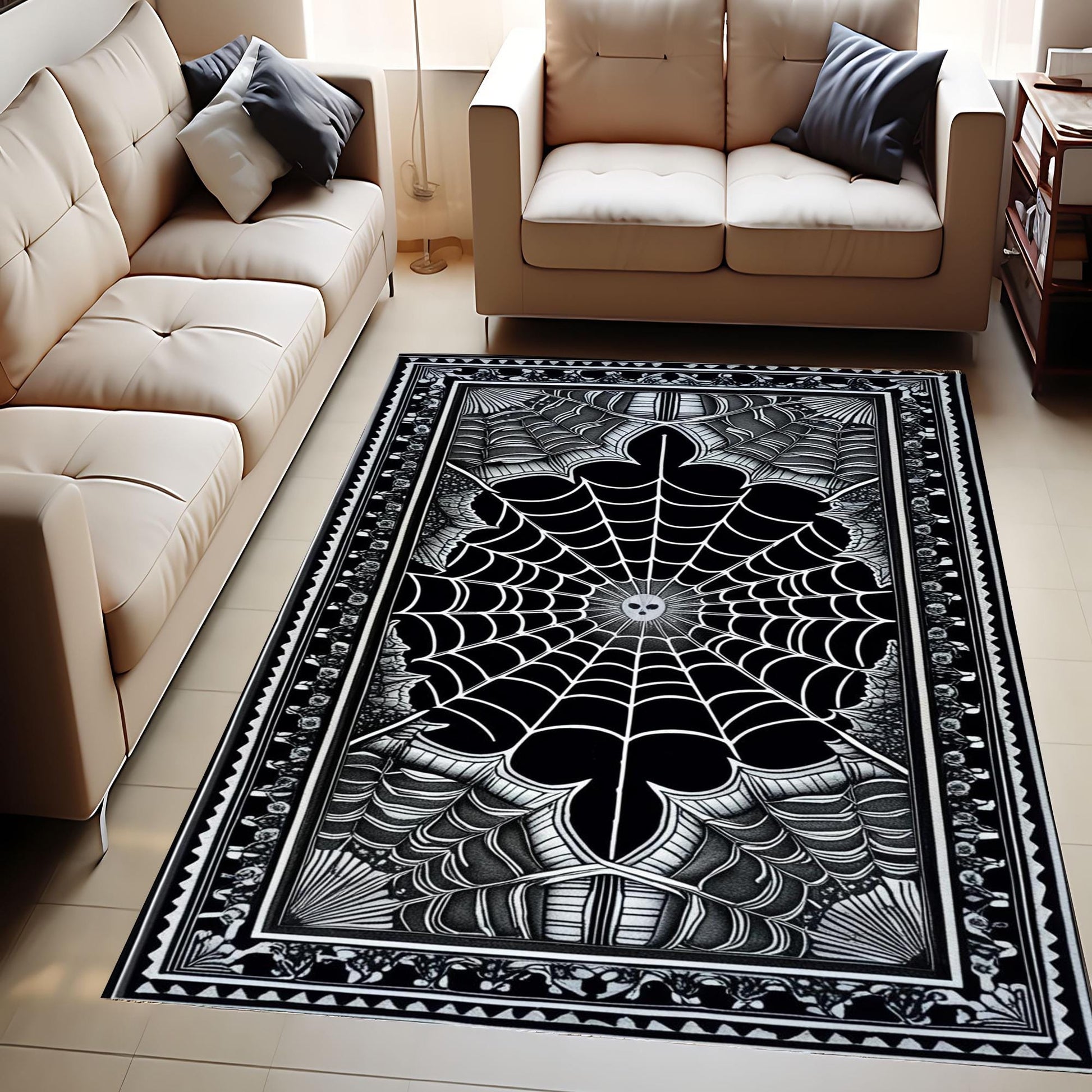 Black Gothic Rug, Spider Web Area Rug, Washable Goth Living Room Rug, Dark Academia Decor, Whimsigoth Goth Area Carpet