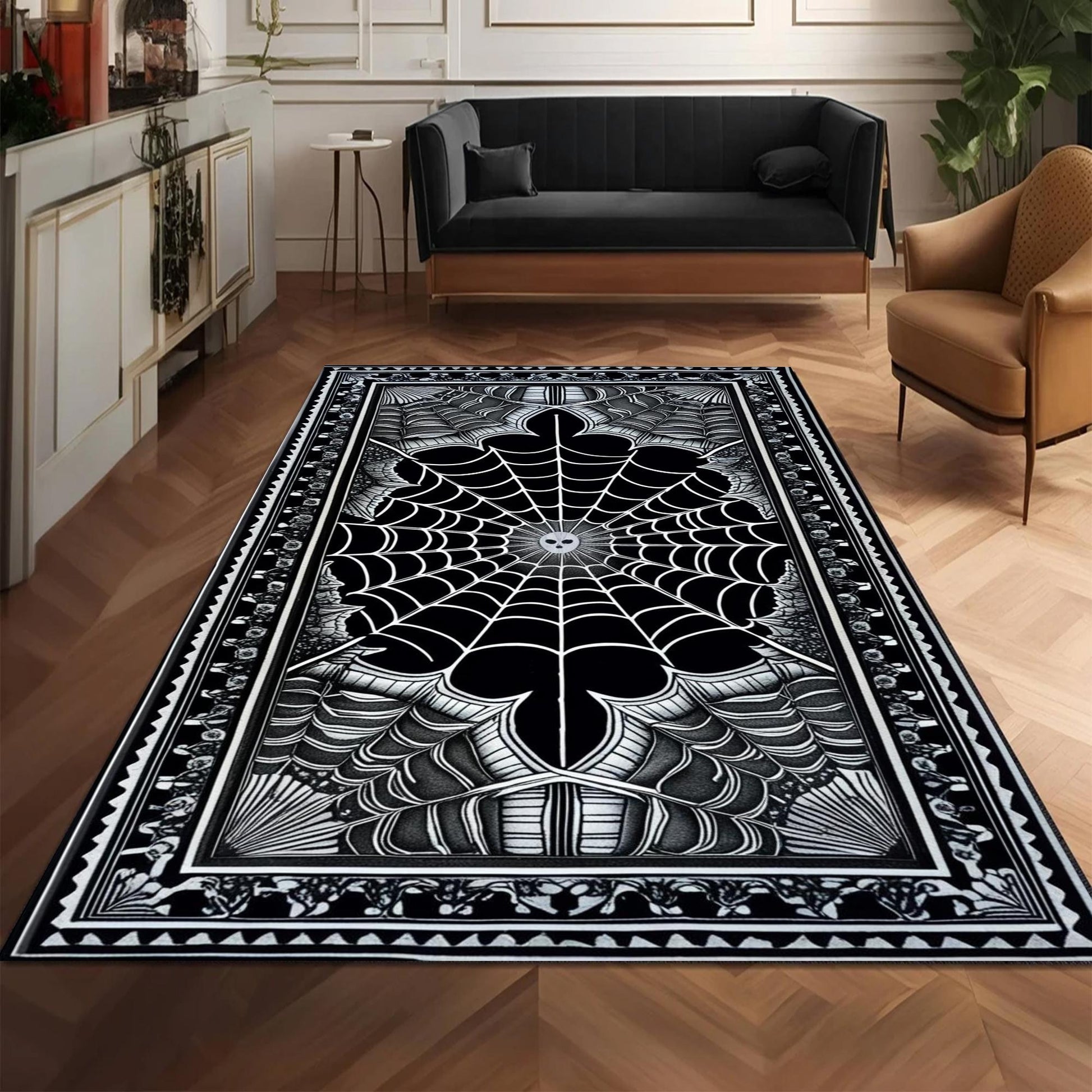 Black Gothic Rug, Spider Web Area Rug, Washable Goth Living Room Rug, Dark Academia Decor, Whimsigoth Goth Area Carpet