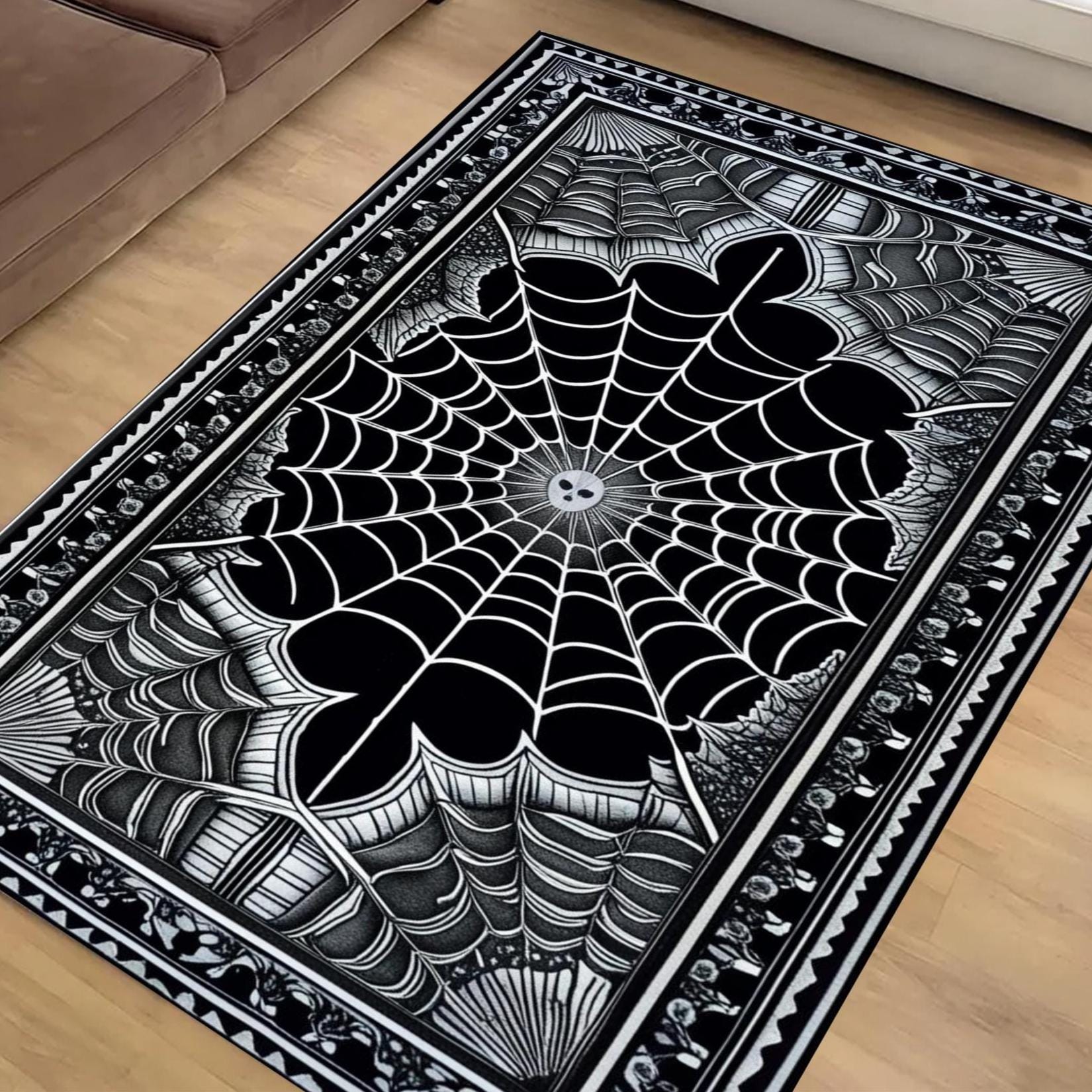Black Gothic Rug, Spider Web Area Rug, Washable Goth Living Room Rug, Dark Academia Decor, Whimsigoth Goth Area Carpet