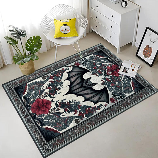 Gothic Bat Rug with Red Floral, Witchcore Decor Carpet for Dark Academia Room, Elegant Gothic Tapestry for Maximalist Goth Interiors