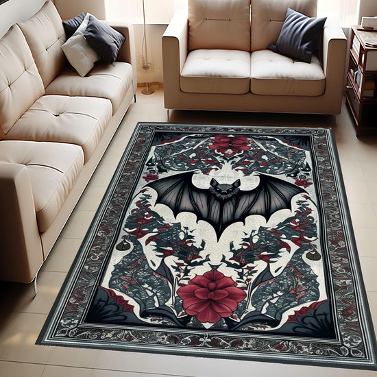 Gothic Bat Rug with Red Floral, Witchcore Decor Carpet for Dark Academia Room, Elegant Gothic Tapestry for Maximalist Goth Interiors