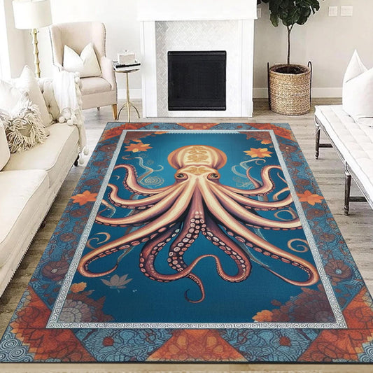 Octopus Area Rug with Persian Border, Unique Ocean Theme Carpet, Sea Creature Art Maximalist Decor for Living Room Statement Floor Covering