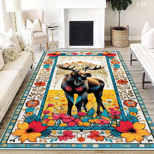 Black Deer Pattern Area Rug for Cabin Lodge Rustic Home Decor, Nordic Forest Animal Print Carpet for Living Room Charm