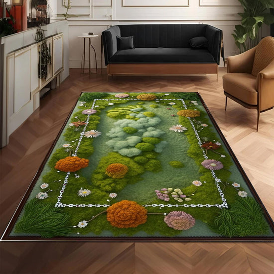 Botanical Moss Area Rug - Washable Green Floral Rug for Cottagecore, Farmhouse & Garden Inspired Home Decor Wildflower Plant Design