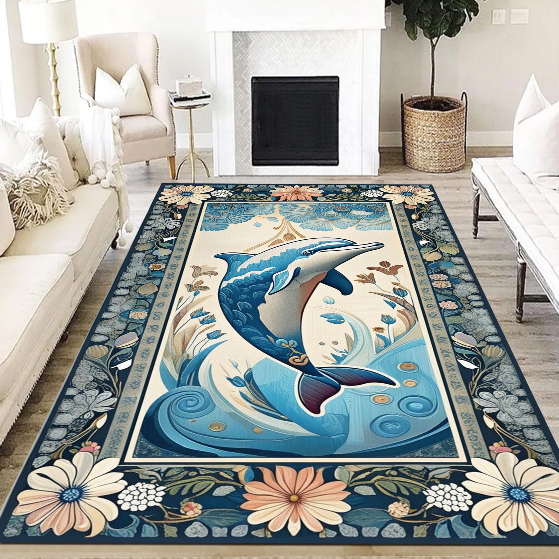 Dolphin Design Rug with Floral Persian Border, Underwater Animals Sea Rug for Living Room, Unique Gift Rug & Home Decor