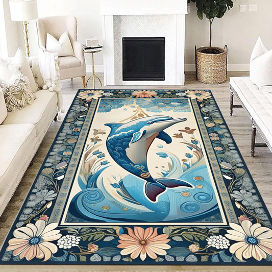 Dolphin Design Rug with Floral Persian Border, Underwater Animals Sea Rug for Living Room, Unique Gift Rug & Home Decor