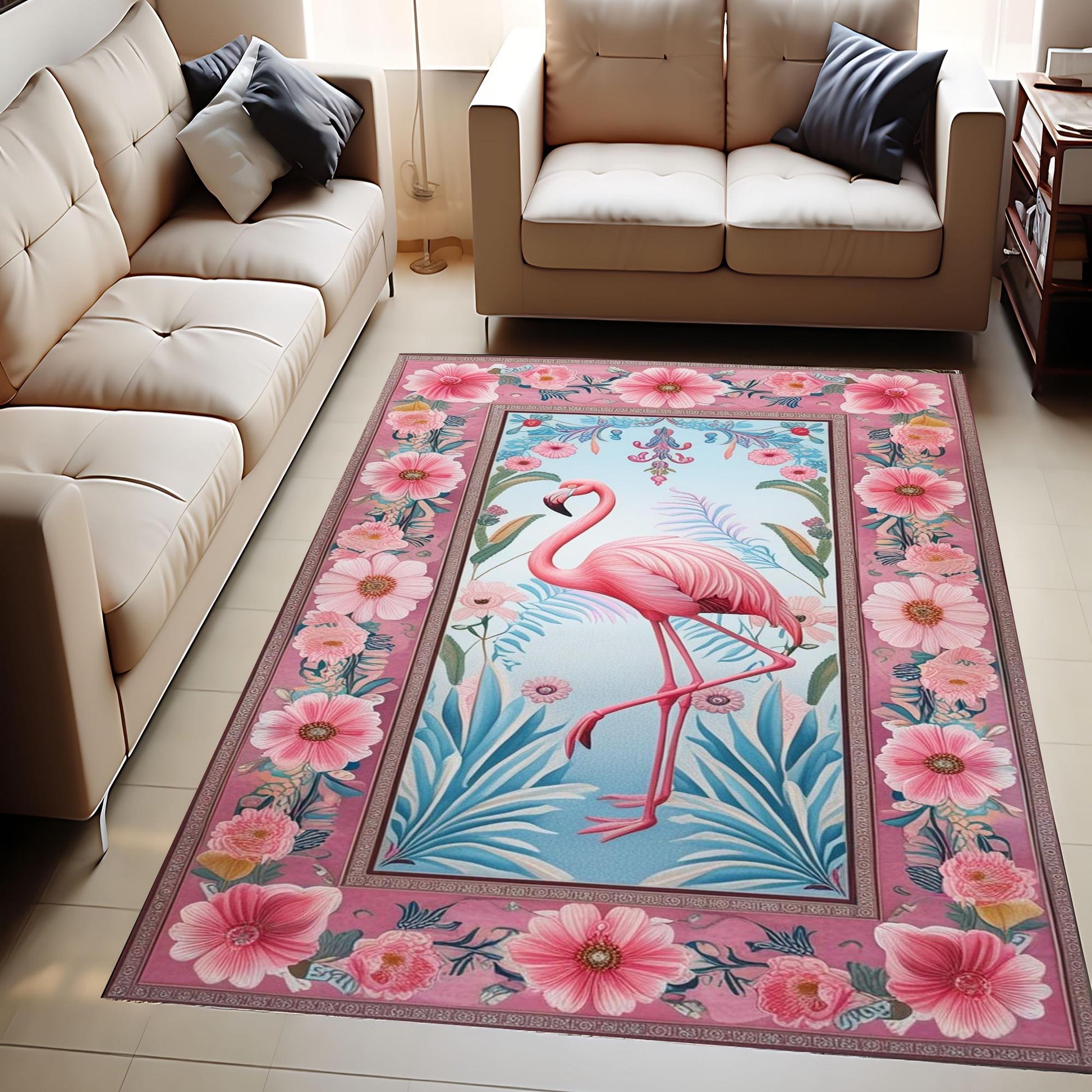 Flamingo Rug with Persian Border, Animal Floral Art Deco Decor Unique Living Room Entry Maximalist Popular Accent Carpet