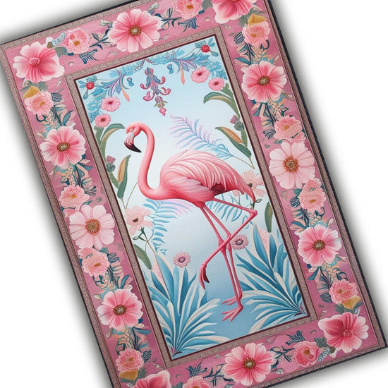 Flamingo Rug with Persian Border, Animal Floral Art Deco Decor Unique Living Room Entry Maximalist Popular Accent Carpet
