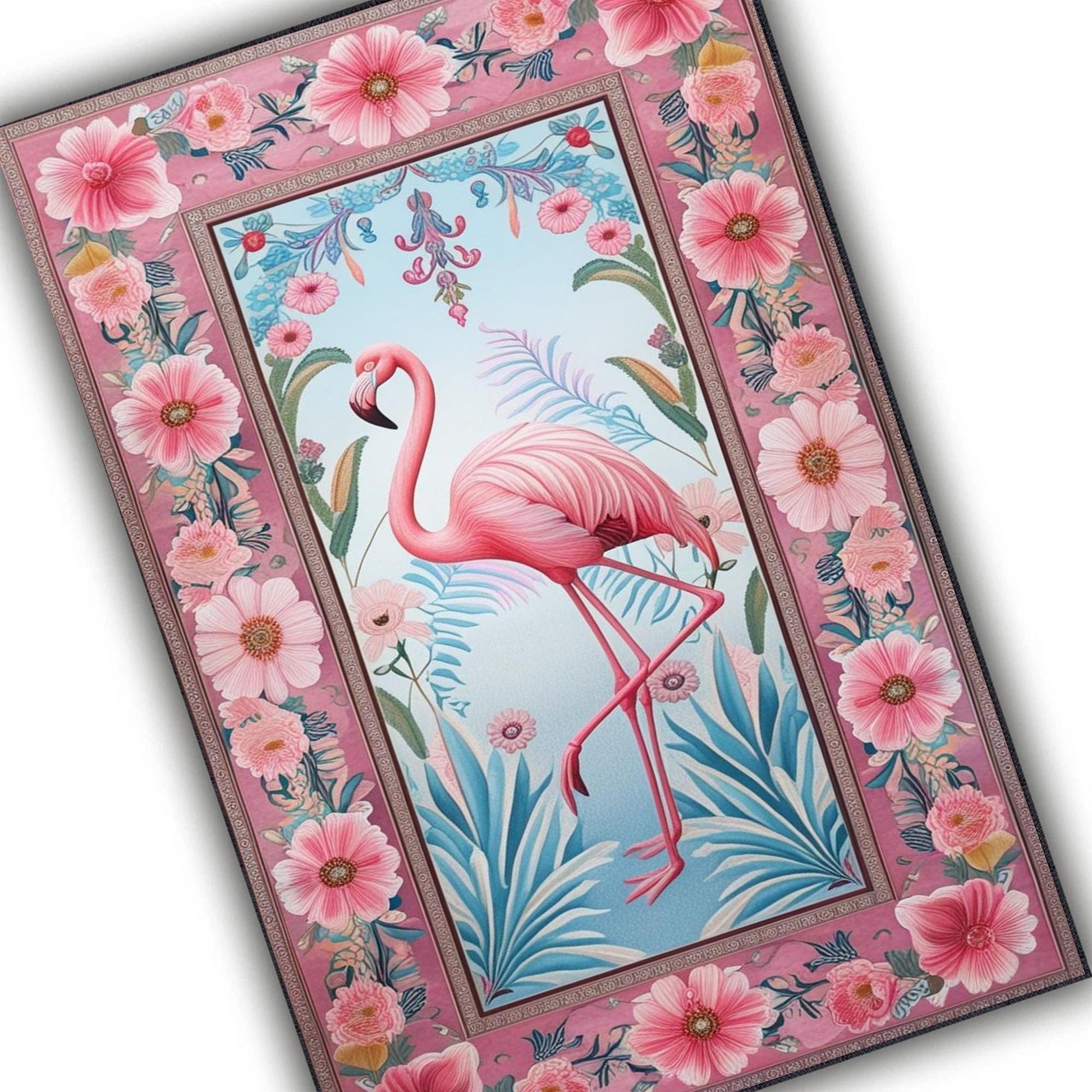 Flamingo Rug with Persian Border, Animal Floral Art Deco Decor Unique Living Room Entry Maximalist Popular Accent Carpet