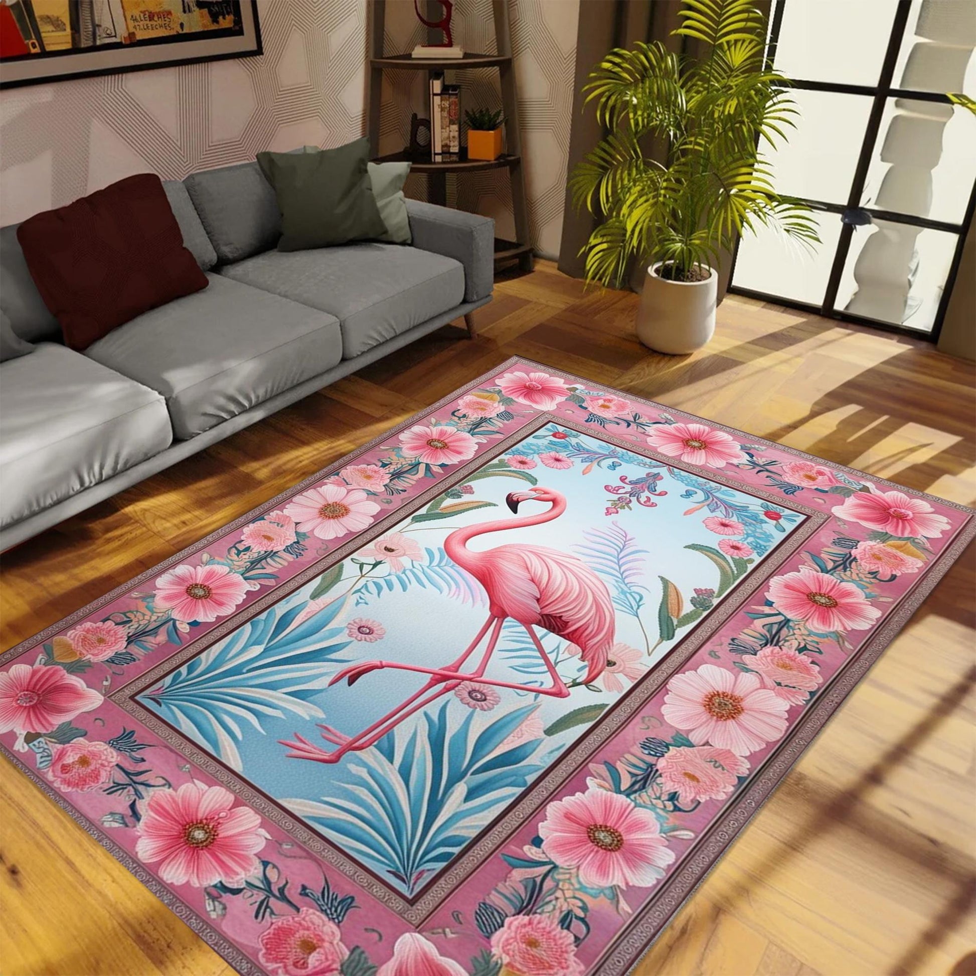 Flamingo Rug with Persian Border, Animal Floral Art Deco Decor Unique Living Room Entry Maximalist Popular Accent Carpet
