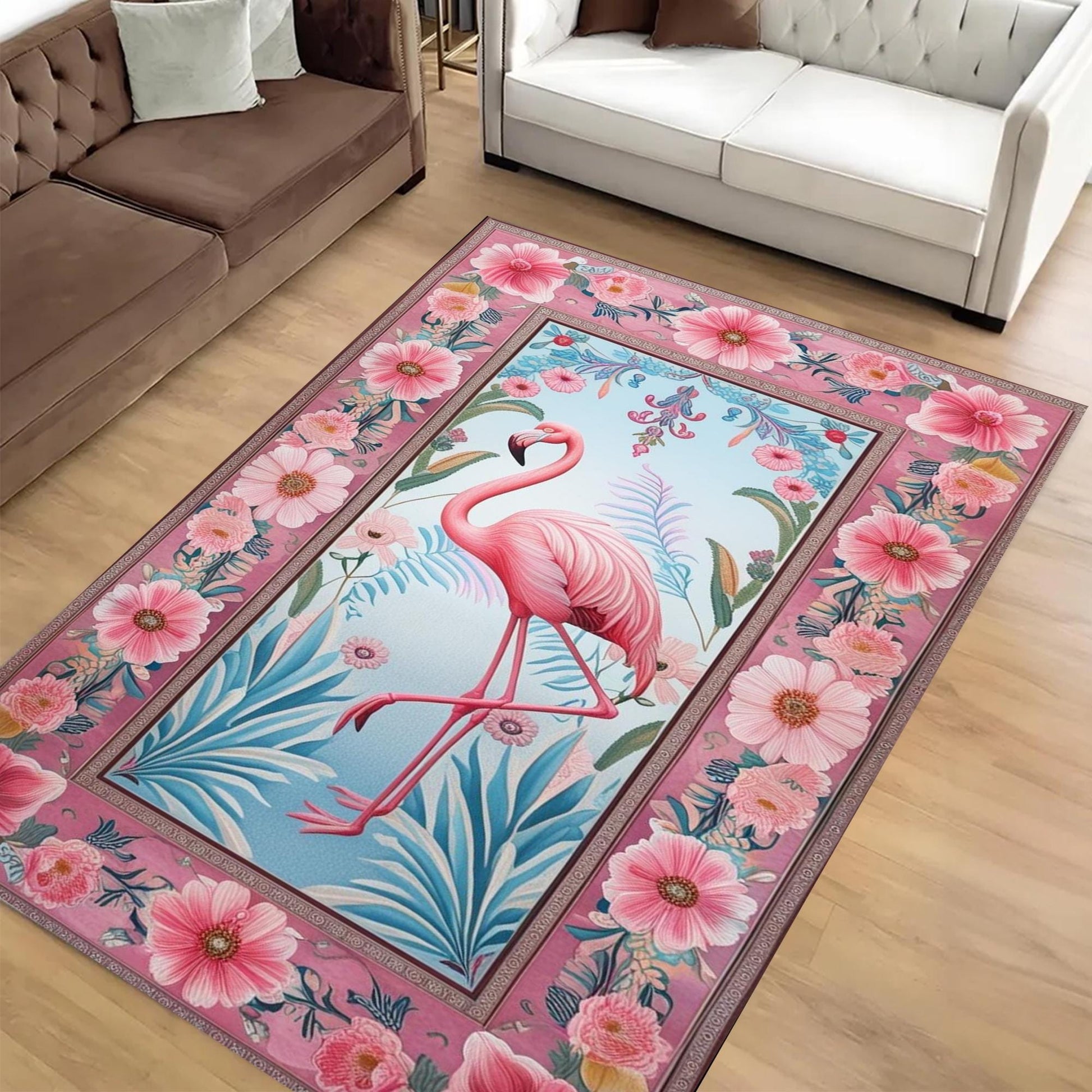 Flamingo Rug with Persian Border, Animal Floral Art Deco Decor Unique Living Room Entry Maximalist Popular Accent Carpet