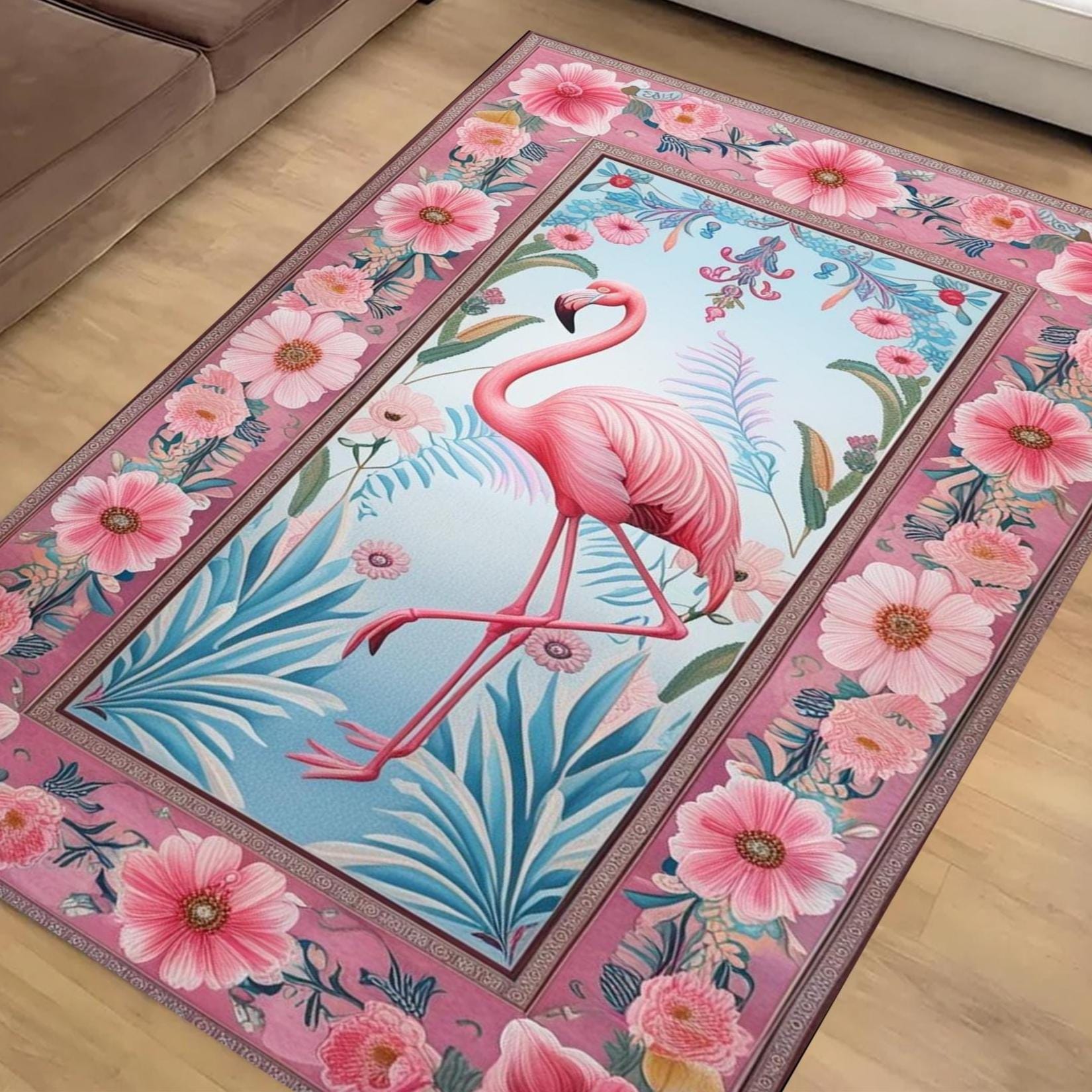 Flamingo Rug with Persian Border, Animal Floral Art Deco Decor Unique Living Room Entry Maximalist Popular Accent Carpet