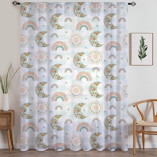 Moon Rainbow Sheer Curtain for Kids Room, Lightweight Boho Floral Nursery Net Voile, Baby Room Window Drapes