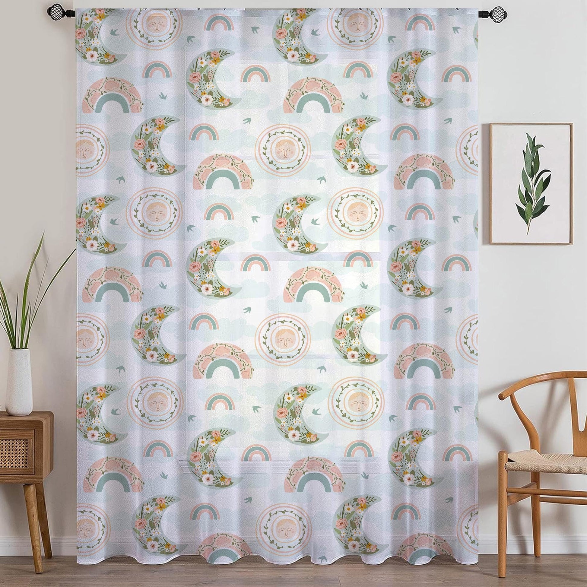 Moon Rainbow Sheer Curtain for Kids Room, Lightweight Boho Floral Nursery Net Voile, Baby Room Window Drapes