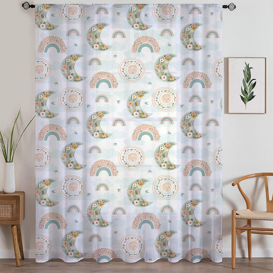 Moon Rainbow Sheer Curtain for Kids Room, Lightweight Boho Floral Nursery Net Voile, Baby Room Window Drapes