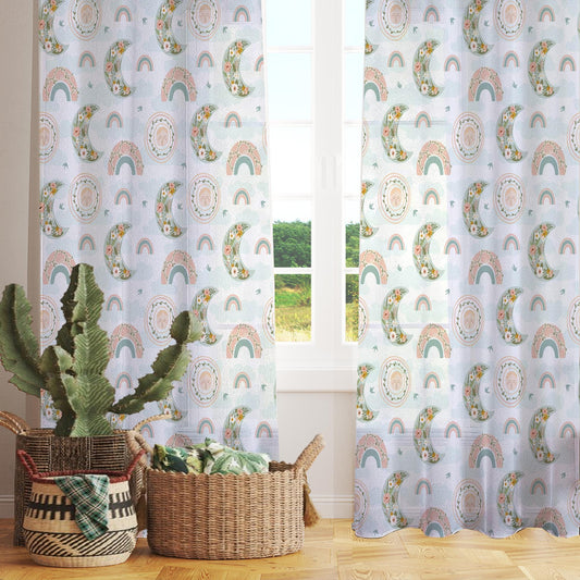 Moon Rainbow Sheer Curtain for Kids Room, Lightweight Boho Floral Nursery Net Voile, Baby Room Window Drapes