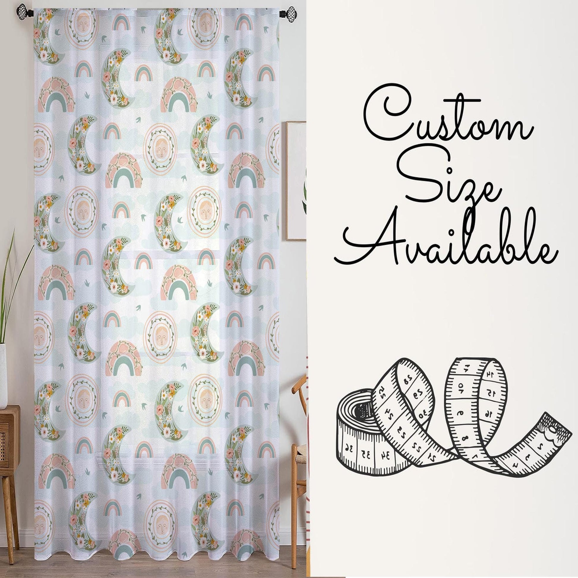 Moon Rainbow Sheer Curtain for Kids Room, Lightweight Boho Floral Nursery Net Voile, Baby Room Window Drapes