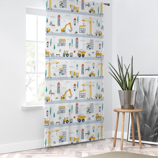 Construction Equipment Sheer Curtain for Kids Room, Lightweight Crane Truck Tractor Bulldozer Nursery Net Voile, Baby Room Window Drapes