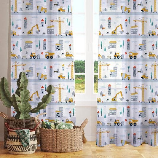 Construction Equipment Sheer Curtain for Kids Room, Lightweight Crane Truck Tractor Bulldozer Nursery Net Voile, Baby Room Window Drapes