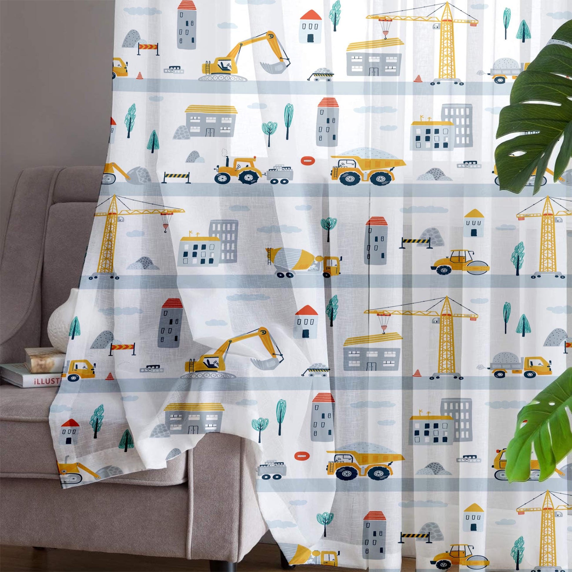 Construction Equipment Sheer Curtain for Kids Room, Lightweight Crane Truck Tractor Bulldozer Nursery Net Voile, Baby Room Window Drapes