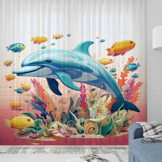 Tropical Fishes Dolphin Sheer Curtain for Kids Room, Lightweight Under Sea Nursery Net Voile, Baby Room Window Drapes