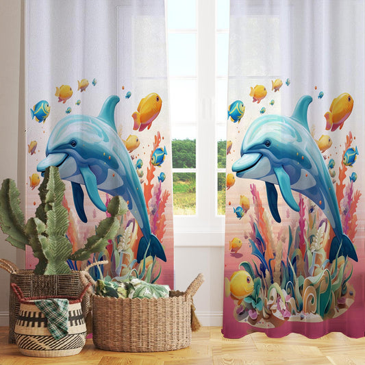 Tropical Fishes Dolphin Sheer Curtain for Kids Room, Lightweight Under Sea Nursery Net Voile, Baby Room Window Drapes