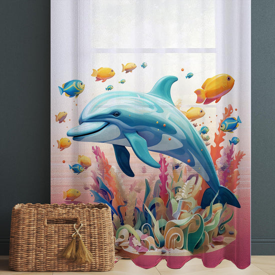 Tropical Fishes Dolphin Sheer Curtain for Kids Room, Lightweight Under Sea Nursery Net Voile, Baby Room Window Drapes