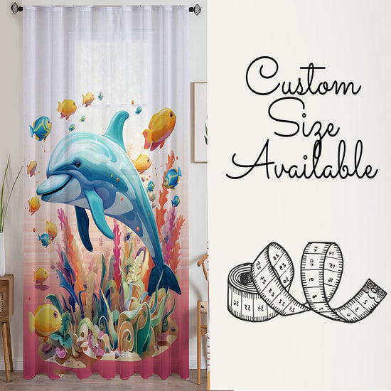 Tropical Fishes Dolphin Sheer Curtain for Kids Room, Lightweight Under Sea Nursery Net Voile, Baby Room Window Drapes