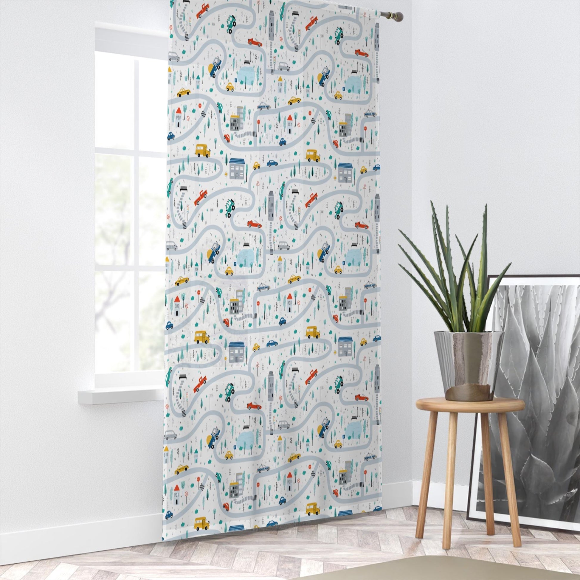 Colorful Cars on Road Sheer Curtain for Kids Room, Lightweight Cute Town Road Map Nursery Net Voile, Baby Room Window Drapes,