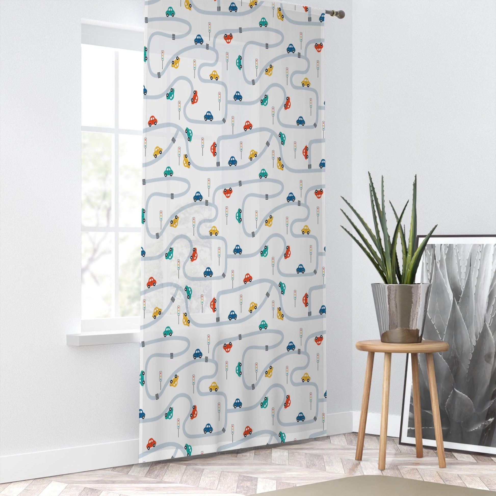 Colorful Cars on Road Sheer Curtain for Kids Room, Lightweight Cute Road Map Nursery Net Voile, Baby Room Window Drapes,