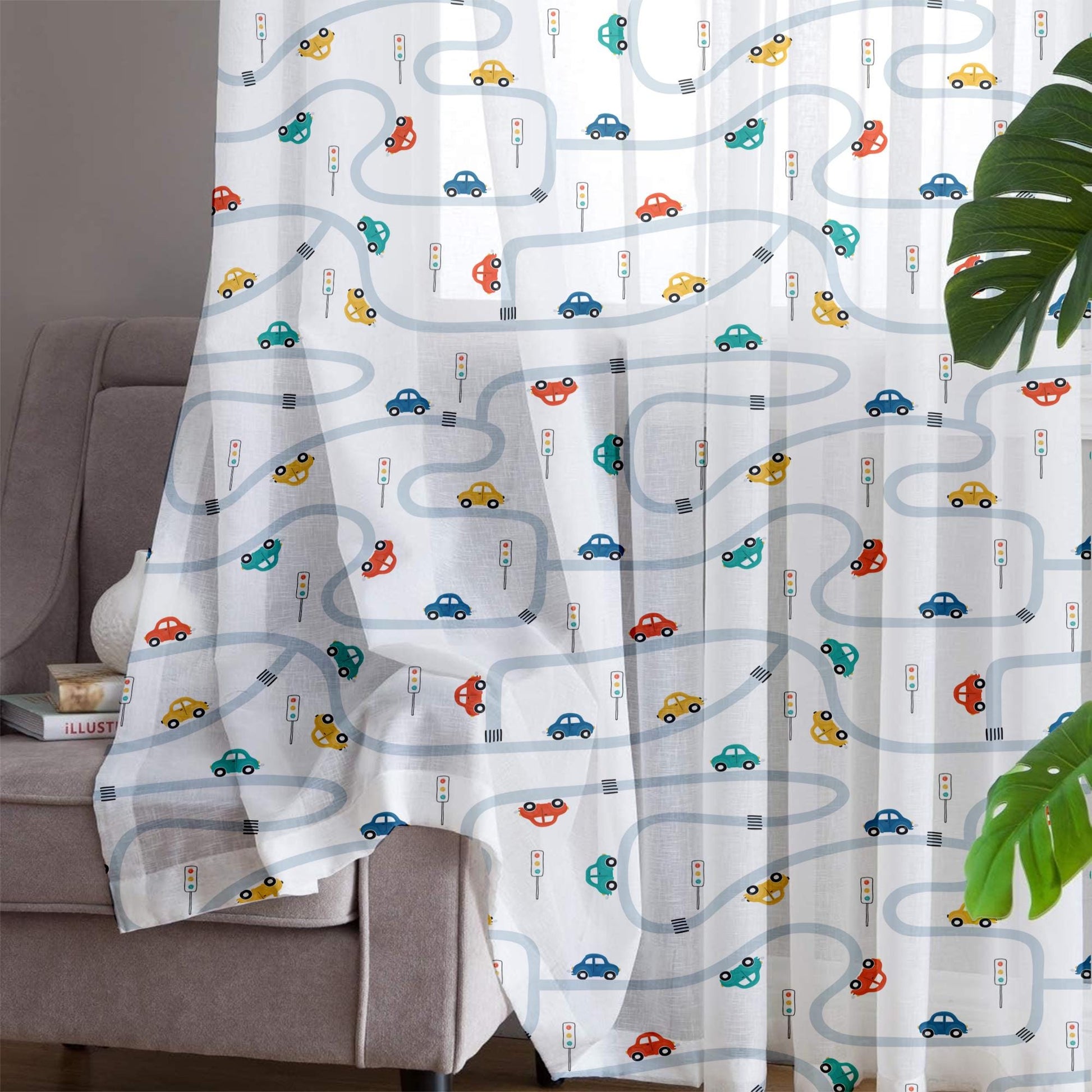 Colorful Cars on Road Sheer Curtain for Kids Room, Lightweight Cute Road Map Nursery Net Voile, Baby Room Window Drapes,