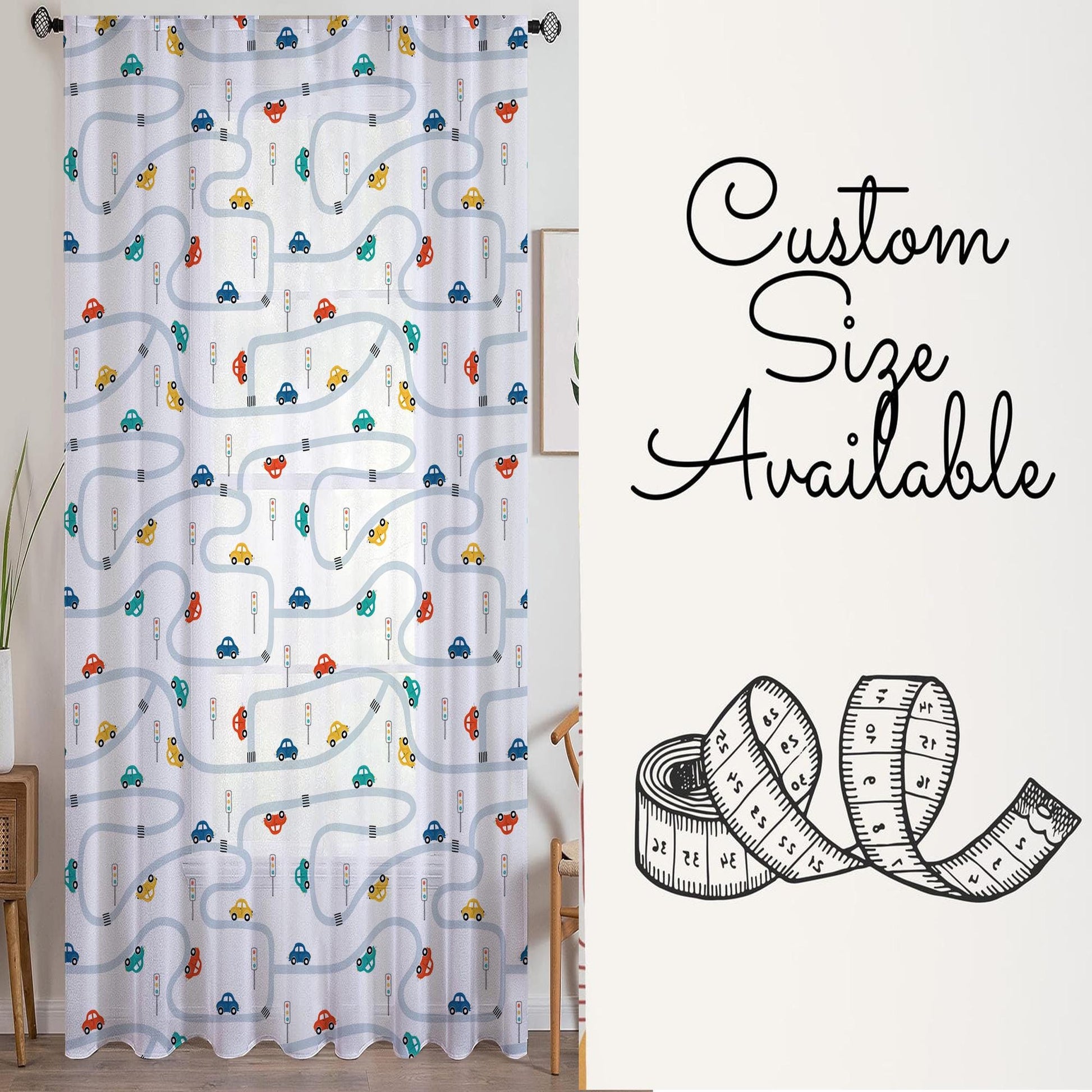 Colorful Cars on Road Sheer Curtain for Kids Room, Lightweight Cute Road Map Nursery Net Voile, Baby Room Window Drapes,