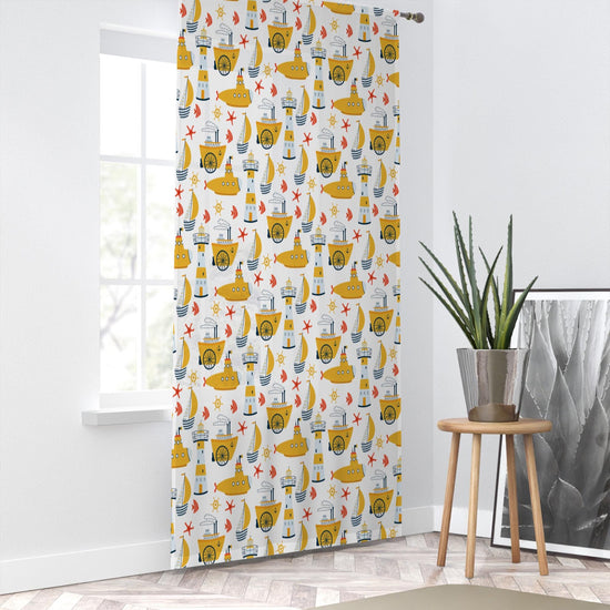 Yellow Marine Vehicles Sheer Curtain for Kids Room, Lightweight Submarine Sailing Ship Nursery Net Voile, Baby Room Window Drapes,