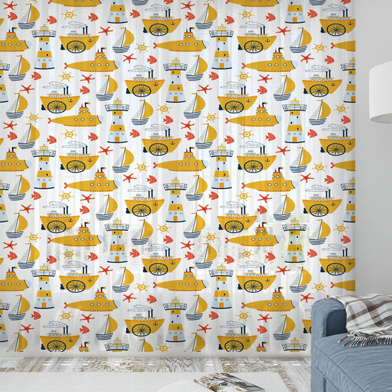 Yellow Marine Vehicles Sheer Curtain for Kids Room, Lightweight Submarine Sailing Ship Nursery Net Voile, Baby Room Window Drapes,