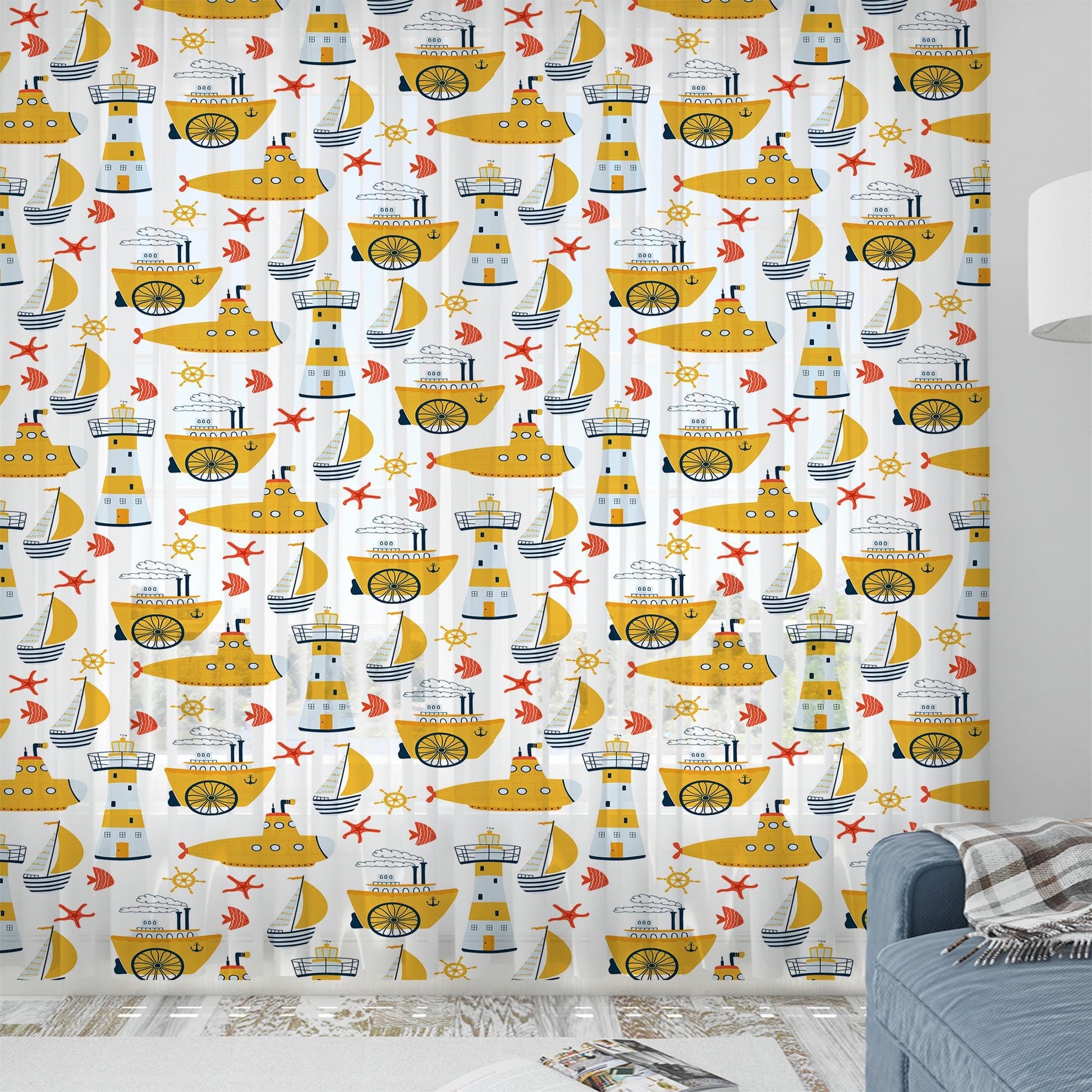 Yellow Marine Vehicles Sheer Curtain for Kids Room, Lightweight Submarine Sailing Ship Nursery Net Voile, Baby Room Window Drapes,