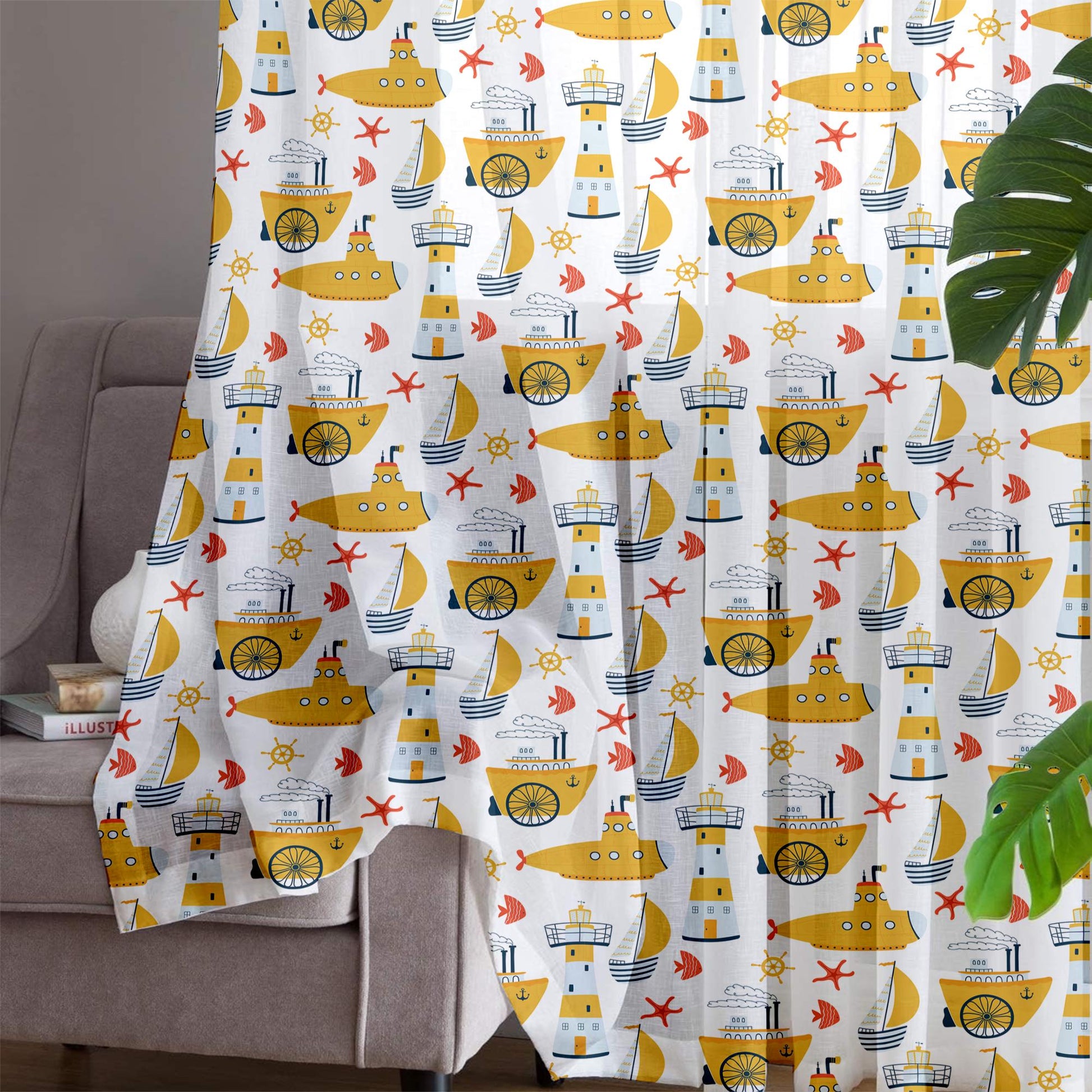 Yellow Marine Vehicles Sheer Curtain for Kids Room, Lightweight Submarine Sailing Ship Nursery Net Voile, Baby Room Window Drapes,